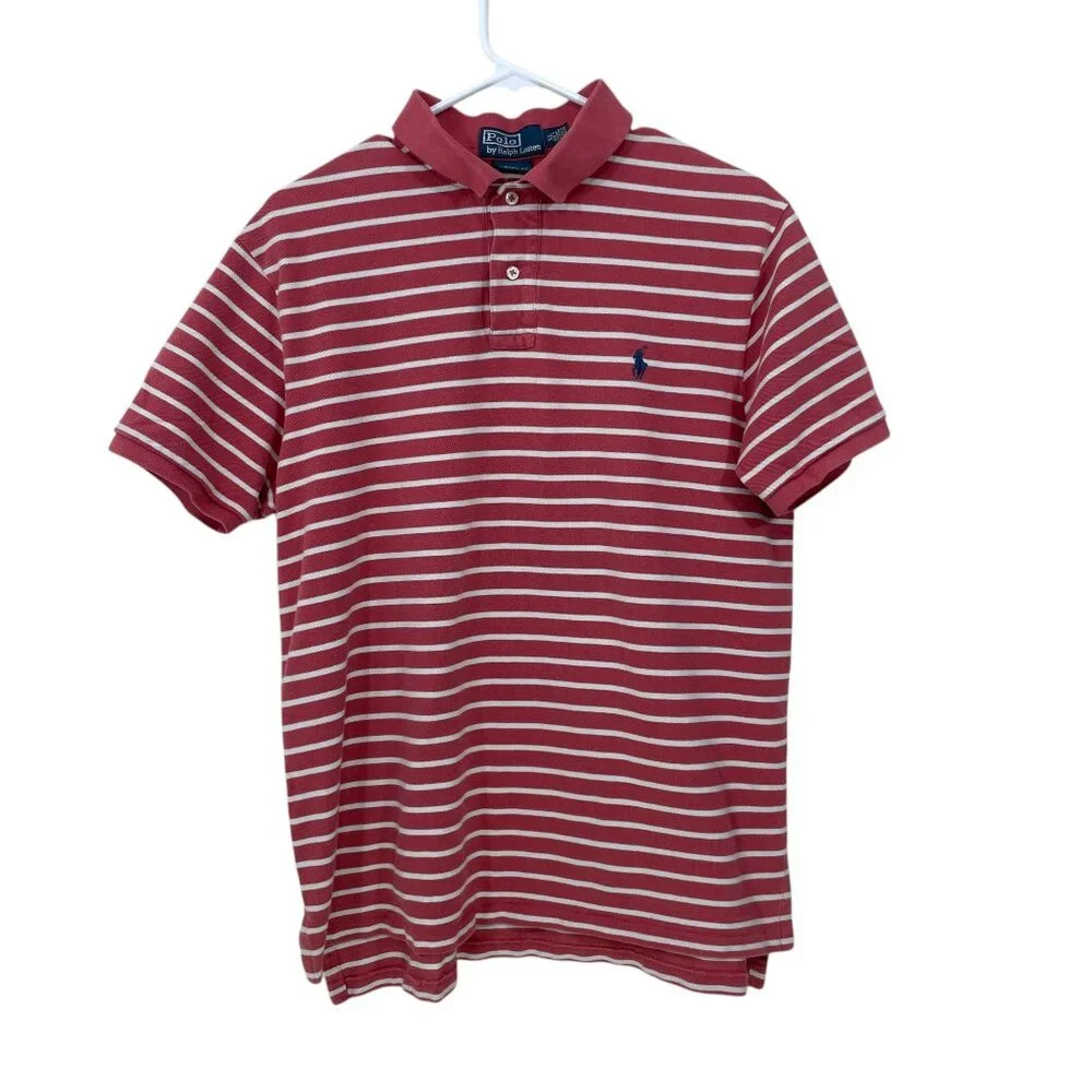 POLO by RALPH LAUREN Men's XL Custom Fit Polo Shirt Striped Burgundy Blue Rider